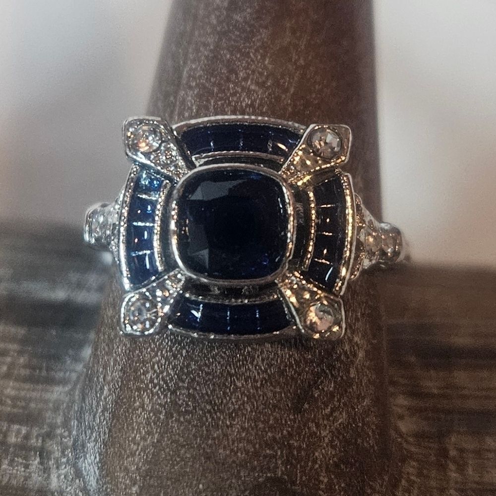 Dark Sapphire Blue Square Cubic Zirconia Art Deco Look Ring Sz 9.5 NWT